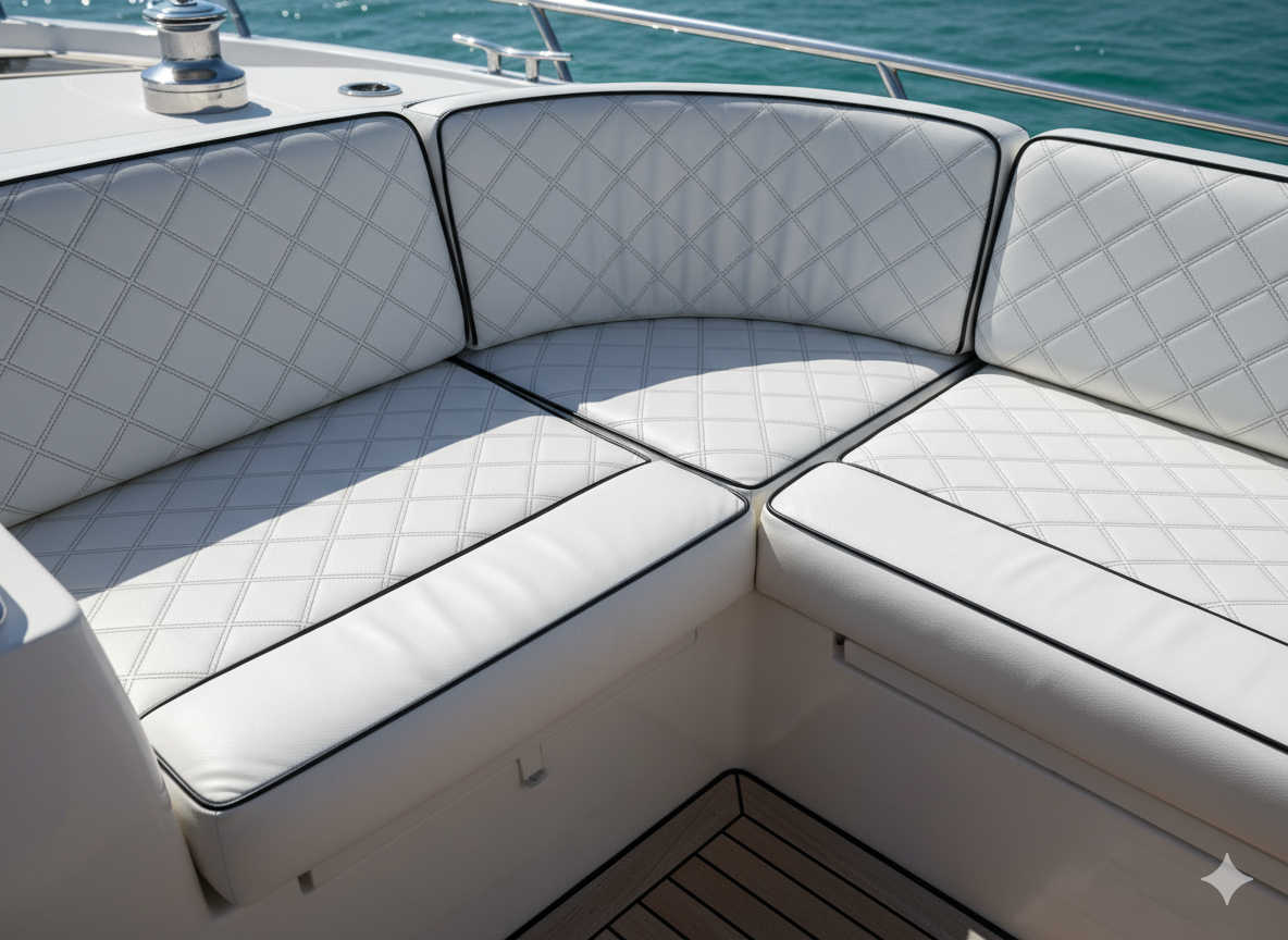 Luxury boat interior with Bentley stitched seating marine upholstery Blue Note Upholstery